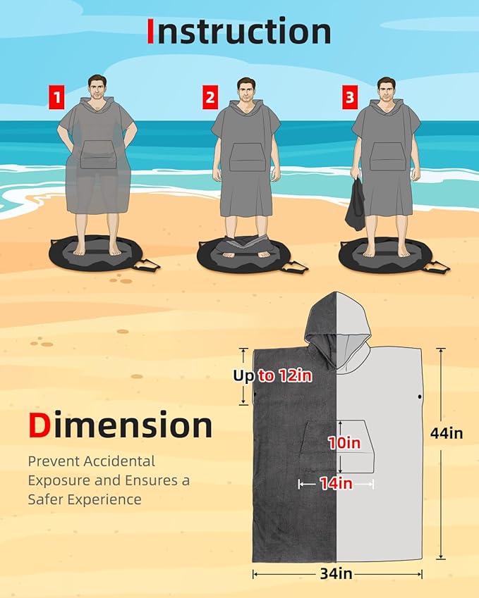 Abahub Surf Poncho Changing Robe with Hood, Thick Quick Dry Microfiber Wetsuit Changing Towel for Surfing Beach Swim Outdoor Sports Men Women, Absorbent Wearable Towel Cover Up(Grey)