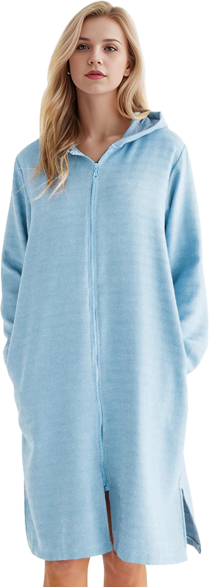 Weecreeture Hooded Towel Poncho with Zipper and Pocket, Surf Poncho for Men and Women, Beach Bath Changing Robe Cover Up Light Blue L