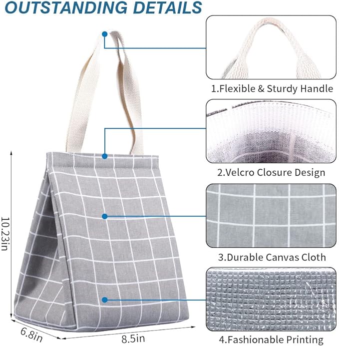 iknoe Insulated Lunch Bag for Women, 9L Sturdy Wide-Open Foldable & Portable Lunch Tote with Interior Pockets, Water-resistant Thermal Lunch Cooler for Adults Picnic Beach (Grey Plaid)
