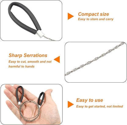 3 Pcs Hand Pocket Chainsaw Stainless Steel Emergency Saw Kit Mini Survival Wire Saw with Wire Handle for Cutting Hunting Hiking Backpacking Gear(Black)