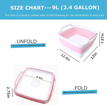 Dishpan for Washing Dishes,9L Collapsible Dish Tub Portable Sink,Wash Dish Basin,Foldable Laundry Tub,Washing Basin with Drain Plug,Dishpan for Kitchen Sink,Camping Dish Washing Tub,Pink