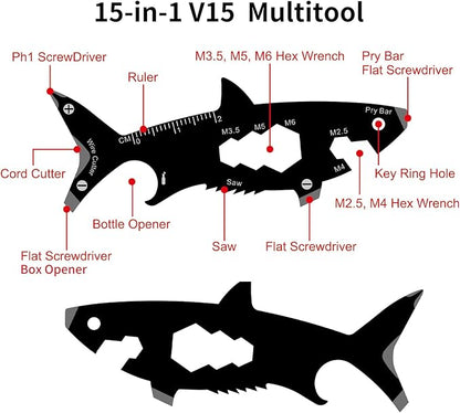 15-in-1 V15 Shark Shape Multitool, EDC Carabiner Camping Gadgets, Key Opener, Keychain Tool No Knife for Kids, Unique Gifts for Everyone Who Wants Nothing. (shark)