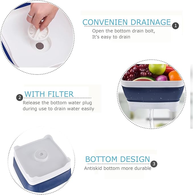 Dishpan for Washing Dishes,9L Collapsible Dish Tub Portable Sink,Wash Basin,Foldable Laundry Tub,Washing Basin with Drain Plug,Dishpan for Kitchen Sink,Camping Dish Washing Tub,Navy blue