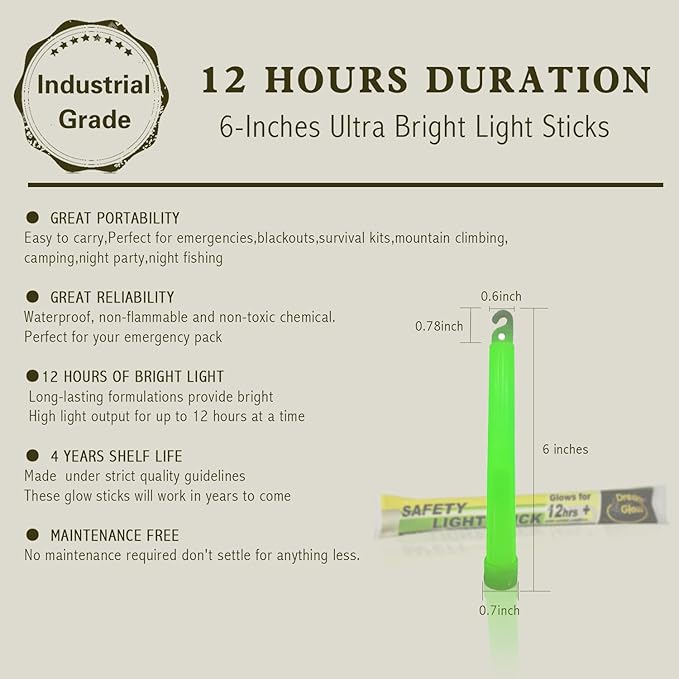 Industrial Grade Glow Sticks(12-90PCS) 6 inches Ultra Bright Emergency Light Sticks for Camping Accessories Hurricane Supplies,Earthquake, Survival Kit More Lasts Over 12 Hours……