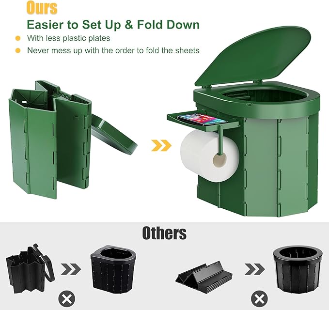 Portable Camping Toilet, Foldable Toilet for Adults with Detachable Phone Shelf and Toilet Paper Holder, Waterproof Porta Potty with Lid for Camping, Hiking, RV Travel, Road Trips