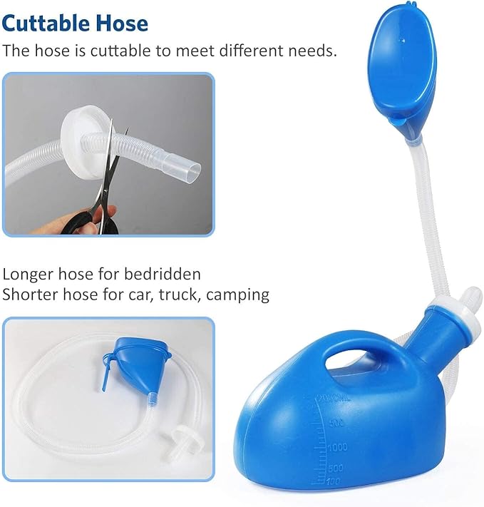 ONEDONE Portable Urinals for Men Women Urine Bottle Spill Proof Female Male Pee Bottle Urinal for Men Camping Toilet 68 OZ 47.24" Long Tube with Lid Blue