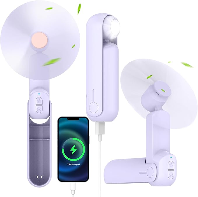 4 IN 1 Portable Handheld Fan,Personal Foldable Cooling Fan, Mini Pocket Fan,Desk Fan,Hand Fan,Flashlight,Power Bank,Table Lamp,Camping Travel Beach Fan, Birthday Gifts for Women Men(Purple)