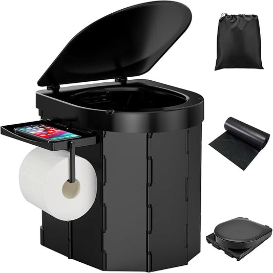 Portable Camping Toilet, Foldable Toilet for Adults with Detachable Phone Shelf and Toilet Paper Holder, Waterproof Porta Potty with Lid for Camping, Hiking, RV Travel, Road Trips
