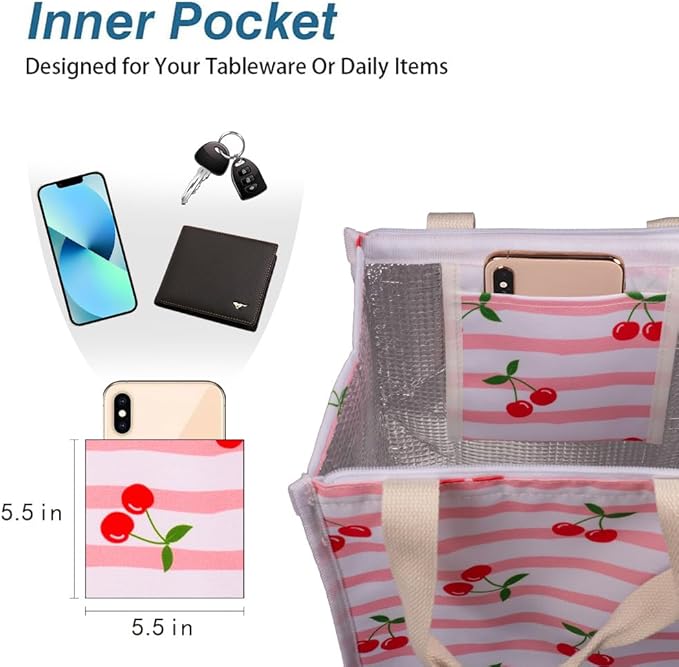 iknoe Insulated Lunch Bag for Women, 9L Durable Wide-Open Foldable & Portable Lunch Tote with Interior Pockets, Water-Resistant Thermal Lunch Cooler for Adults Picnic Beach (Cherry)