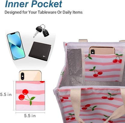 iknoe Insulated Lunch Bag for Women, 9L Durable Wide-Open Foldable & Portable Lunch Tote with Interior Pockets, Water-Resistant Thermal Lunch Cooler for Adults Picnic Beach (Cherry)