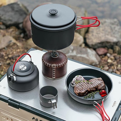 Alocs Camping Cookware Set,Durable Aluminum Camping Cooking Set, Compact Camping Pots and Pans Set with Kettle, Non-Stick Camping Pan Camping Essentials for Outdoor Cooking, Hiking, and Picnics.