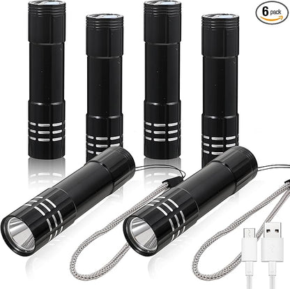 6 Pack LED Aluminum Small Mini USB C Rechargeable Flashlights, Handheld Small Flashlight Bulk for Kids, Portable Camping Bright High Lumens Flashlight Christmas Gifts (Black)