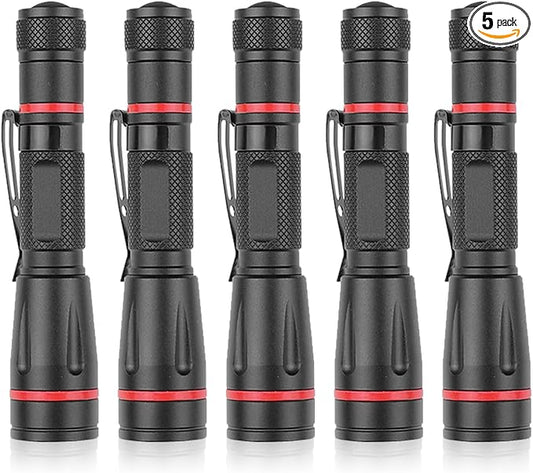 5 Pack LED Flashlights, Handheld Pen Light Flashlight, Pocket Torch PenLight with Clip, Zoomable, Waterproof, Slim Led Pen Flashlight for Camping, Outdoor