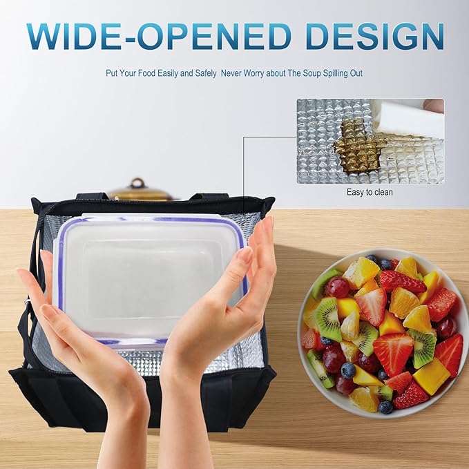 iknoe Lunch Bag Insulated Lunch Bags for Women Men Reusable Lunch Tote Portable Adult Thermal Large Lunch Cooler for Work Picnic Beach-Plain Black