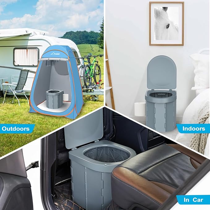 Portable Camping Toilet, Folding Toilet for Adults with Lid and Retractable Toilet Paper Holder, Waterproof Porta Potty with Carry Bag and Disposible Liners for Camping, Hiking, RV Travel, Road Trips