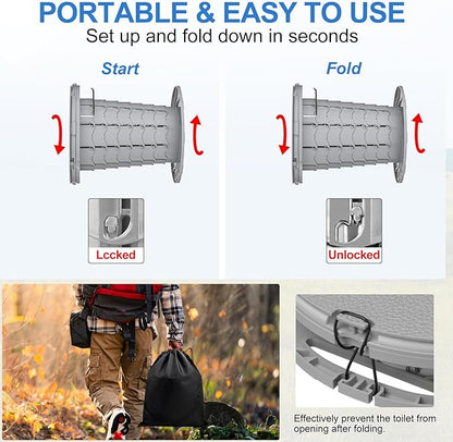 BLIKA Upgraded Retractable Portable Toilet with Cushion, 300LBS Adjustable Height Folding Toilet with Paper Holder, Travel Toilet Portable Camping Toilet, Soft Portable Toilet for Camping/Car, Gray