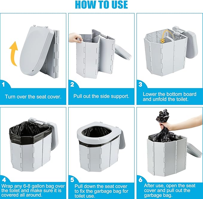 Portable Camping Toilet, Folding Toilet for Adults with Lid and Retractable Toilet Paper Holder, Waterproof Porta Potty with Carry Bag and Disposible Liners for Camping, Hiking, RV Travel, Road Trips