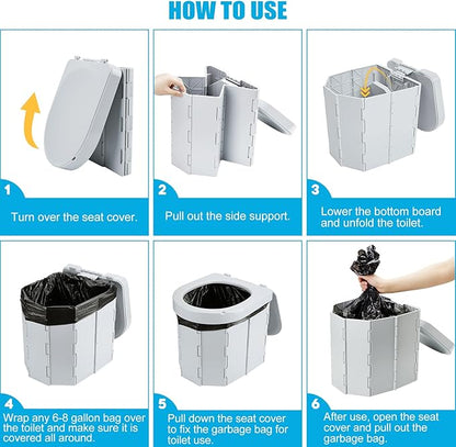 Portable Camping Toilet, Folding Toilet for Adults with Lid and Retractable Toilet Paper Holder, Waterproof Porta Potty with Carry Bag and Disposible Liners for Camping, Hiking, RV Travel, Road Trips
