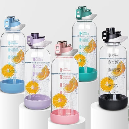 64 oz Large Sports Glass Water Bottle with Straw & Time Marker, Motivational Half Gallon Daily Glass Drinking Bottle with Strap for Fruit Infused Water, Smoothie, Coffee
