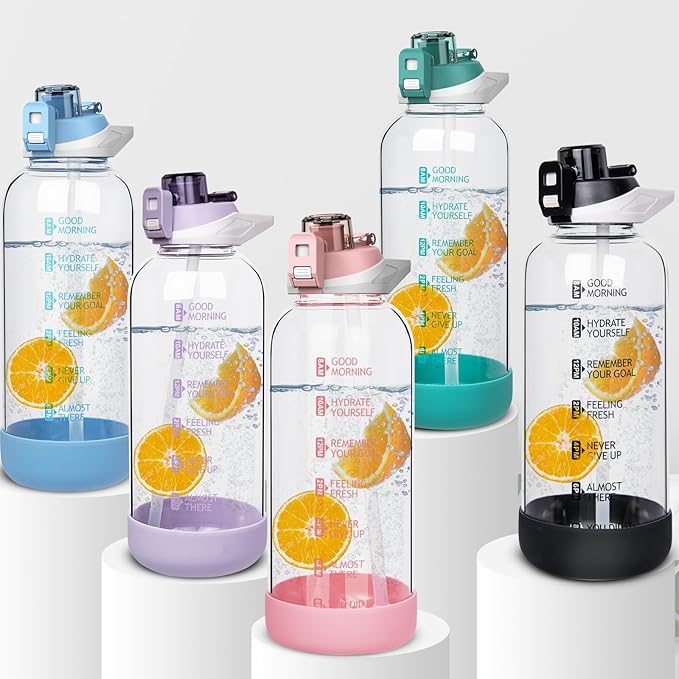 64 oz Large Sports Glass Water Bottle with Straw & Time Marker, Motivational Half Gallon Daily Glass Drinking Bottle with Strap for Fruit Infused Water, Smoothie, Coffee