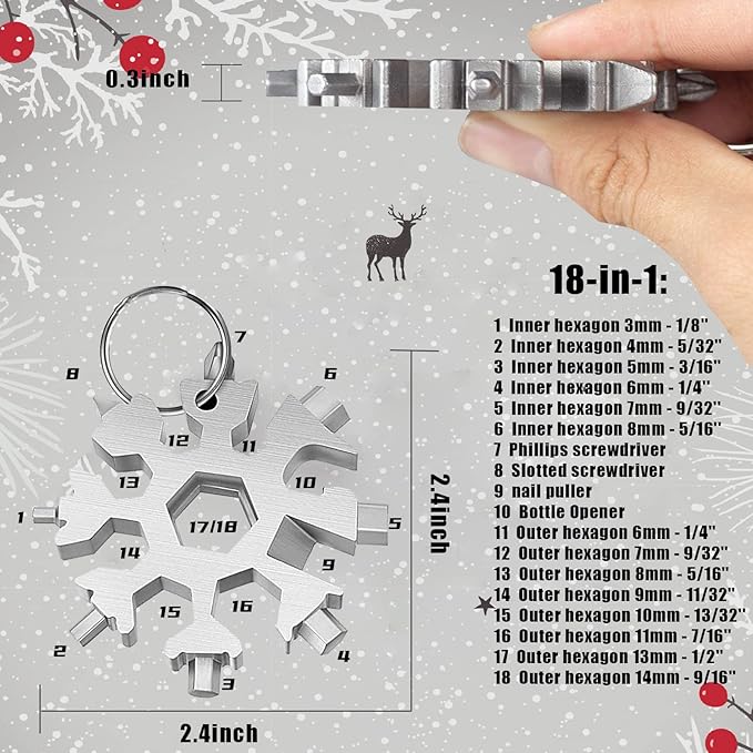4PCS Snowflake Multitool,18-In-1 Stainless Steel Snowflake Wrench Screwdriver Multi-Tool, Portable Pocket Keychain Tools，Stocking Stuffers for Adults Christmas Gifts