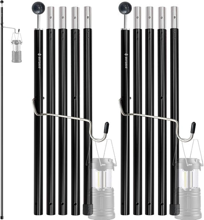Sutekus Aluminum Poles Tarp Poles Replacement Accessories 5 Section Multifunction Aluminum Rod with Lantern Hook for Camping Shelters Canopy Support 2 Poles (Black)