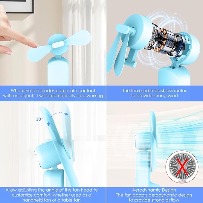 4 IN 1 Portable Handheld Fan,Personal Foldable Cooling Fan, Mini Pocket Fan,Desk Fan,Hand Fan,Flashlight,Power Bank,Table Lamp,Camping Travel Beach Fan, Birthday Gifts for Women Men(Light Blue)