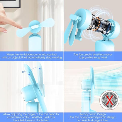 4 IN 1 Portable Handheld Fan,Personal Foldable Cooling Fan, Mini Pocket Fan,Desk Fan,Hand Fan,Flashlight,Power Bank,Table Lamp,Camping Travel Beach Fan, Birthday Gifts for Women Men(Light Blue)