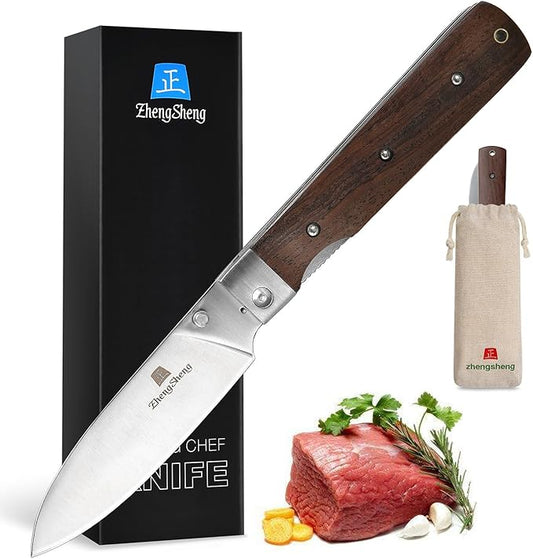 4.5" Folding Kitchen Knife Ultra Sharp 440A Stainless Steel blade Peeling Utility Knife Natural Olive Handle Portable Fruit knife for BBQ trip Outdoor Camping.