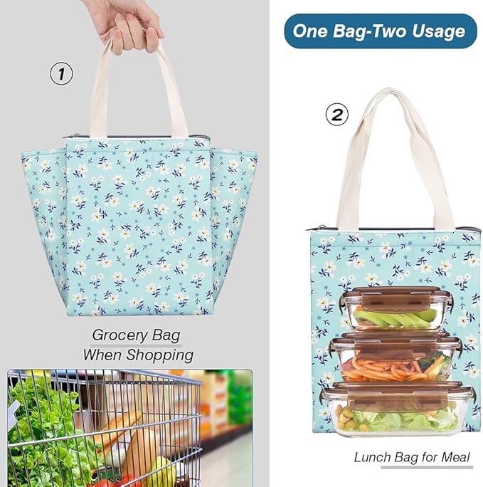 iknoe Insulated Lunch Bag for Women, 9L Durable Wide-Open Foldable & Portable Lunch Tote with Interior Pockets, Water-resistant Thermal Lunch Cooler for Adults (Floral)