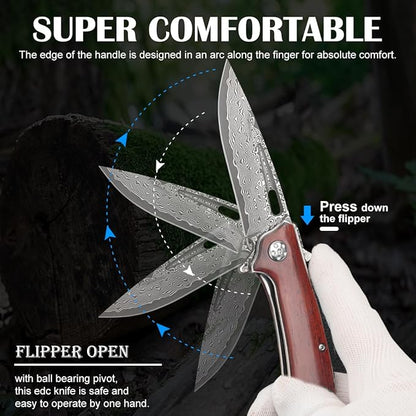 Damascus Pocket Knife with Clip Unique Rosewood Handle Cool Folding Knives Survival Knife for Gift for Men Women