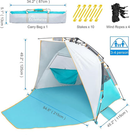 WolfWise 3-4 Person Easy Up Beach Tent UPF 50+ Portable Instant Sun Shelter Canopy Umbrella with Extended Zippered Porch, Blue