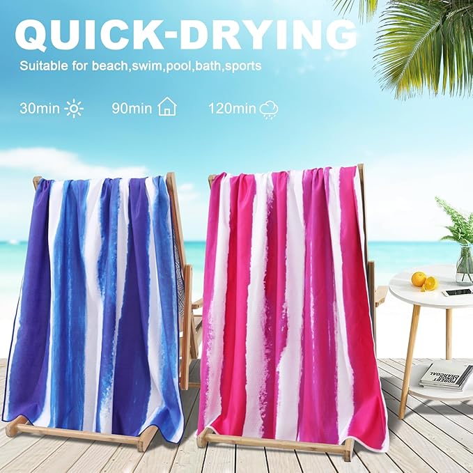 2 Pack Microfiber Oversized Lightweight Beach Towel Sandproof Thin Compact Quick Dry Clearance Towels Extra Large Sand Free Pool Travel Beach Essentials Accessories Women Men Adult Gift Purple Stripe