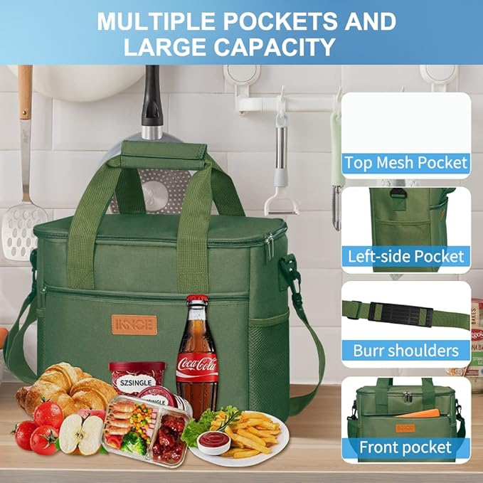 iknoe Large Cooler Bag Collapsible, 15L Insulated Bags, Leakproof Lunch Cooler Tote with Multi-Pockets for Adult, Insulated Lunch Box for Beach, Picnic,Work, Military Green 24-Can (15L)