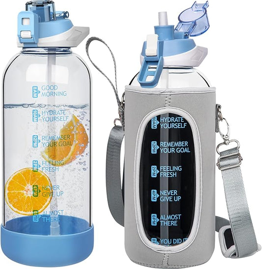 64 oz Large Sports Glass Water Bottle with Straw & Time Marker, Motivational Half Gallon Daily Glass Drinking Bottle with Strap for Fruit Infused Water, Smoothie, Coffee