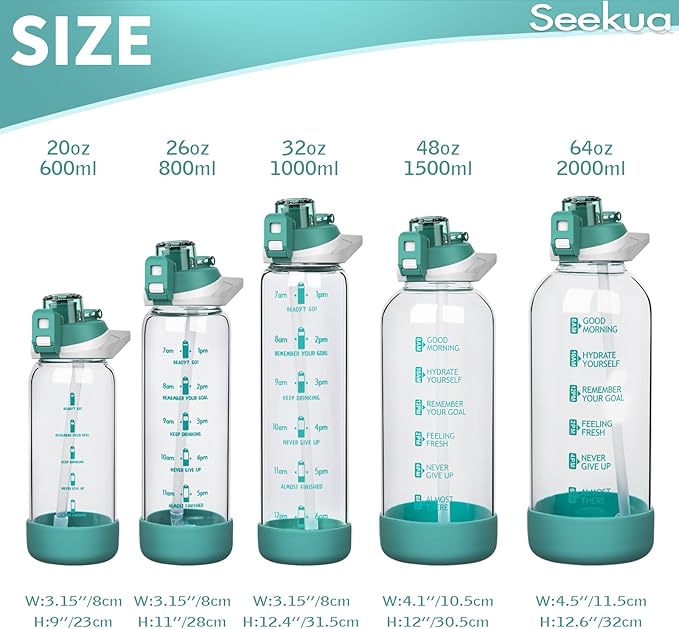 64 oz Large Sports Glass Water Bottle with Straw & Time Marker, Motivational Half Gallon Daily Glass Drinking Bottle with Strap for Fruit Infused Water, Smoothie, Coffee