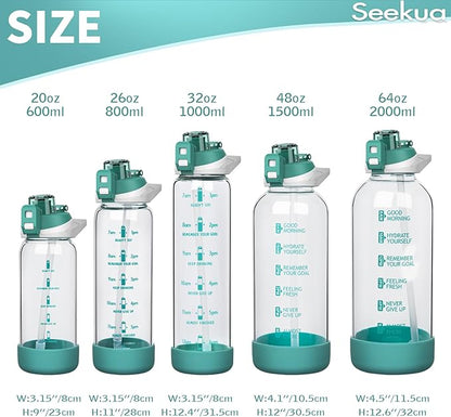 64 oz Large Sports Glass Water Bottle with Straw & Time Marker, Motivational Half Gallon Daily Glass Drinking Bottle with Strap for Fruit Infused Water, Smoothie, Coffee