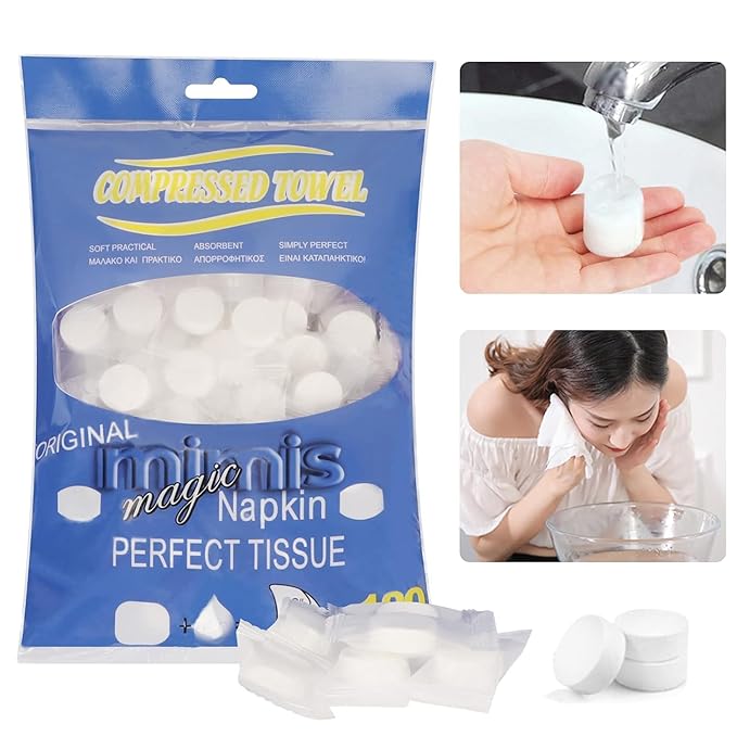 Compressed Towel Tablets - 100pcs Compact, Disposable Towels Coin Tissue - Perfect for Outdoor Activities, Face Wash, Toilet Tissue Paper Replacement - Convenient for Travel, White