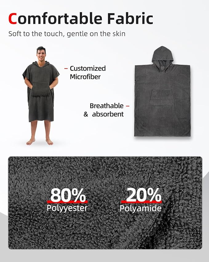 Abahub Surf Poncho Changing Robe with Hood, Thick Quick Dry Microfiber Wetsuit Changing Towel for Surfing Beach Swim Outdoor Sports Men Women, Absorbent Wearable Towel Cover Up(Grey)