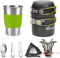 Odoland Camping Cookware Stove Carabiner Canister Stand Tripod and Stainless Steel Cup, Tank Bracket, Fork Spoon Kit for Backpacking, Outdoor Camping Hiking and Picnic