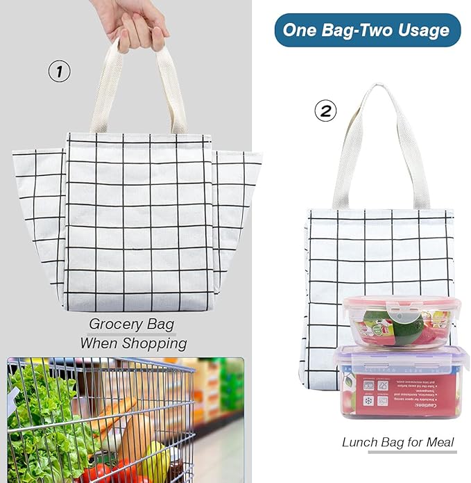 iknoe Insulated Lunch Bag for Women, 9L Sturdy Wide-Open Foldable & Portable Lunch Tote with Interior Pockets, Water-resistant Thermal Lunch Cooler for Adults Picnic Beach (White Plaid)