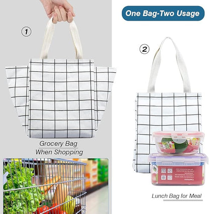 iknoe Insulated Lunch Bag for Women, 9L Sturdy Wide-Open Foldable & Portable Lunch Tote with Interior Pockets, Water-resistant Thermal Lunch Cooler for Adults Picnic Beach (White Plaid)
