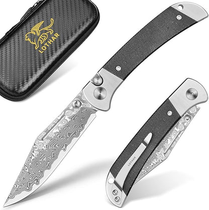 LOTHAR Falcon Damascus Pocket Knife, 2.98" VG10 Damascus Steel Blade EDC Knife, G10 Handle, Pocket Folding Knife with Clip, Button Lock Knife, Gifts Pocket Knife for Men Women