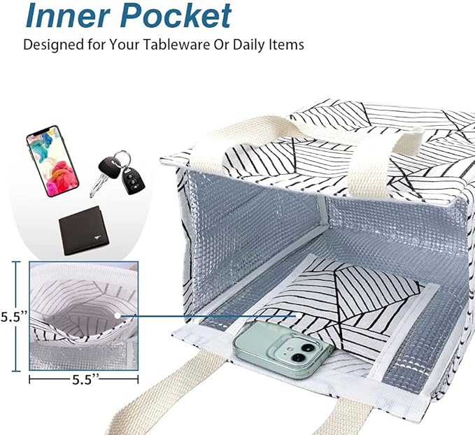 iknoe Insulated Lunch Bag for Women, 9L Sturdy Wide-Open Foldable & Portable Lunch Tote with Interior Pockets, Water-resistant Thermal Lunch Cooler for Adults Picnic Beach (White Rhombus)