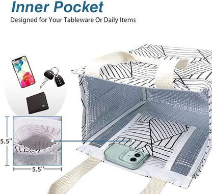 iknoe Insulated Lunch Bag for Women, 9L Sturdy Wide-Open Foldable & Portable Lunch Tote with Interior Pockets, Water-resistant Thermal Lunch Cooler for Adults Picnic Beach (White Rhombus)