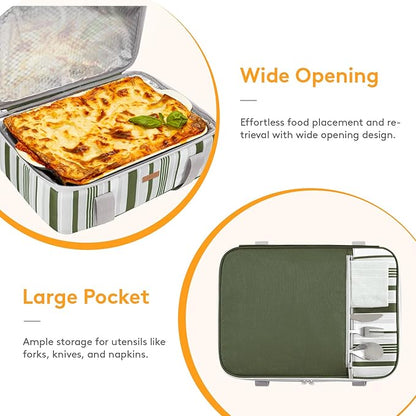 Insulated Casserole Carrier for Hot or Cold Food, Lasagna Lugger Tote for Potluck Parties/Picnic/Cookouts, Fits 9"×13" Baking Dish, Dark Green