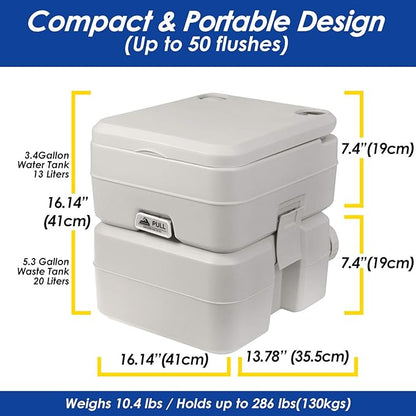 Portable 5.3 Gallon Camping Toilet with Carry Bag - Supports 286 LBS, 50 Flushes, Detachable Tanks