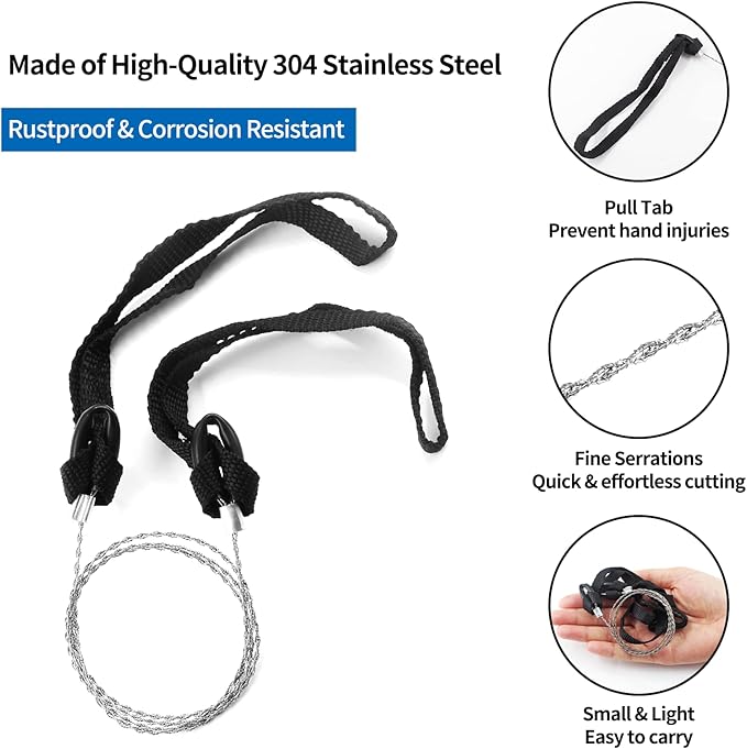 3 Pack Stainless Steel Wire Saw Emergency Saw Kit, Camping Wire Saw Mini Backpacking Saw, Cable Cutting String Bone Rope Saw, Travel Chainsaw for Wood Cutting Hiking Hunting (Rope Handle)