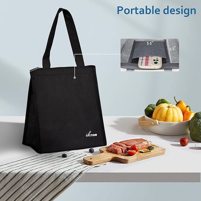 iknoe Lunch Bag Insulated Lunch Bags for Women Men Reusable Lunch Tote Portable Adult Thermal Large Lunch Cooler for Work Picnic Beach-Plain Black