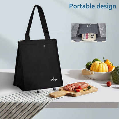 iknoe Lunch Bag Insulated Lunch Bags for Women Men Reusable Lunch Tote Portable Adult Thermal Large Lunch Cooler for Work Picnic Beach-Plain Black